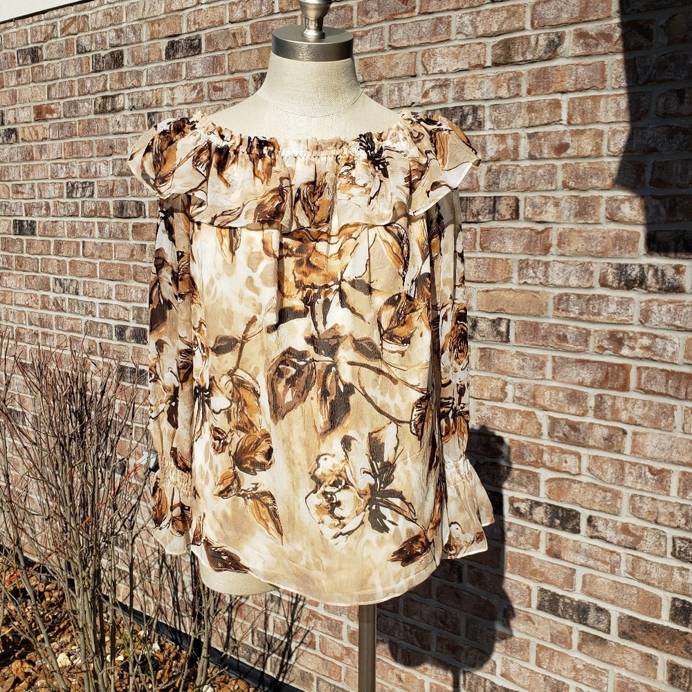 EUC ST. JOHN Silk Pleated Layer Top Brown/Cream 8